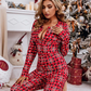 Christmas Plaid Functional Buttoned Adults Pajamas Long Sleeve Jumpsuit Lowcut V Neck Onesie
