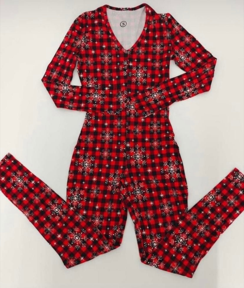 Christmas Plaid Functional Buttoned Adults Pajamas Long Sleeve Jumpsuit Lowcut V Neck Onesie